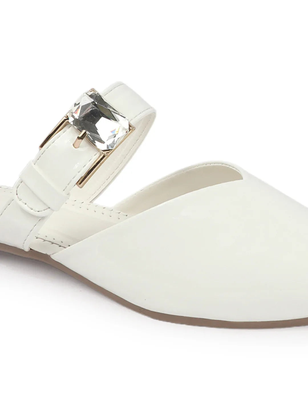 Gloss Finish Crystal Strap Pointed Toe Mules