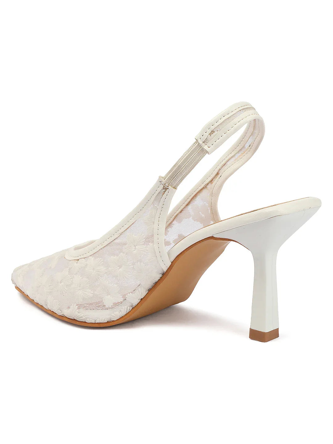 Embroidered Pointed Toe Slingback Heels with Mesh Design