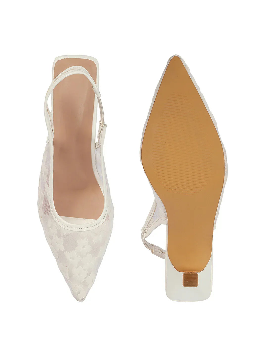 Embroidered Pointed Toe Slingback Heels with Mesh Design