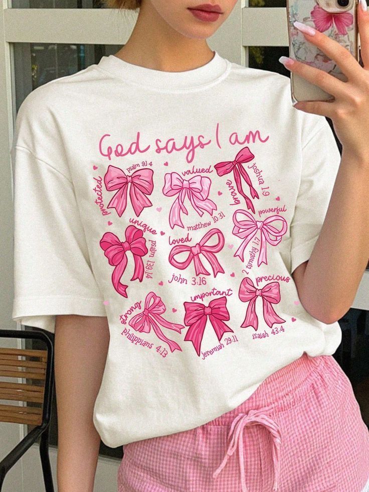 Cute Aesthetic Oversized Pink Bow Graphic Print T-Shirt