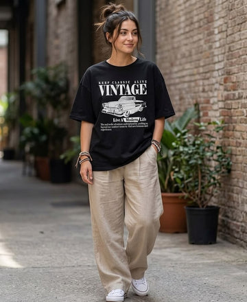 Retro Cotton Streetwear Oversized Vintage Car Graphic Printed T-Shirt