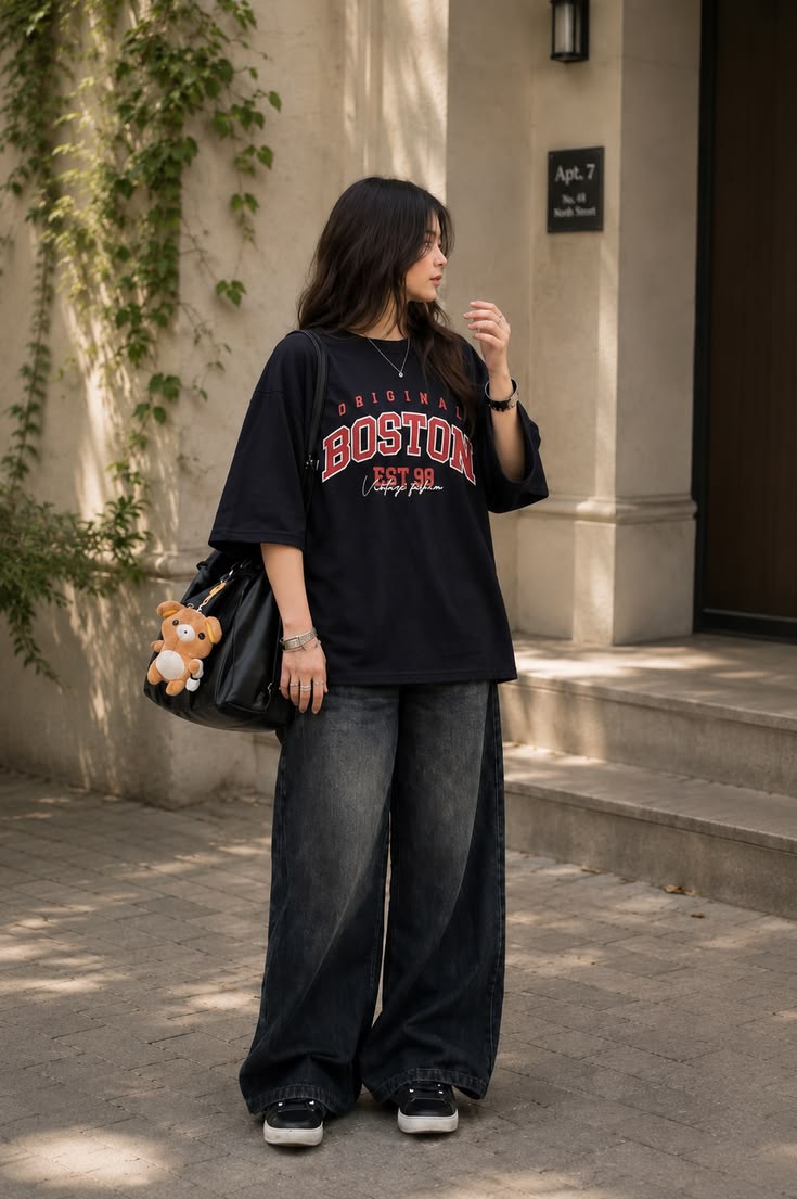 Oversized Boston Varsity Graphic Printed T-Shirt