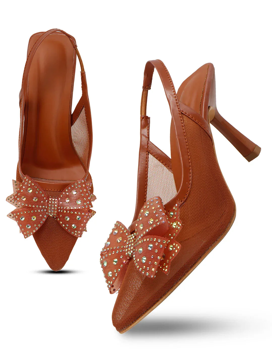 Glam Studded Bow Pointed Slingback Heels