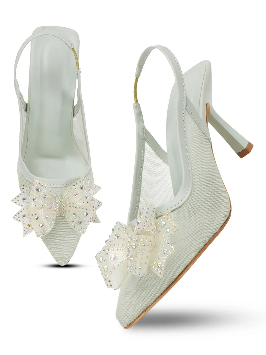 Glam Studded Bow Pointed Slingback Heels