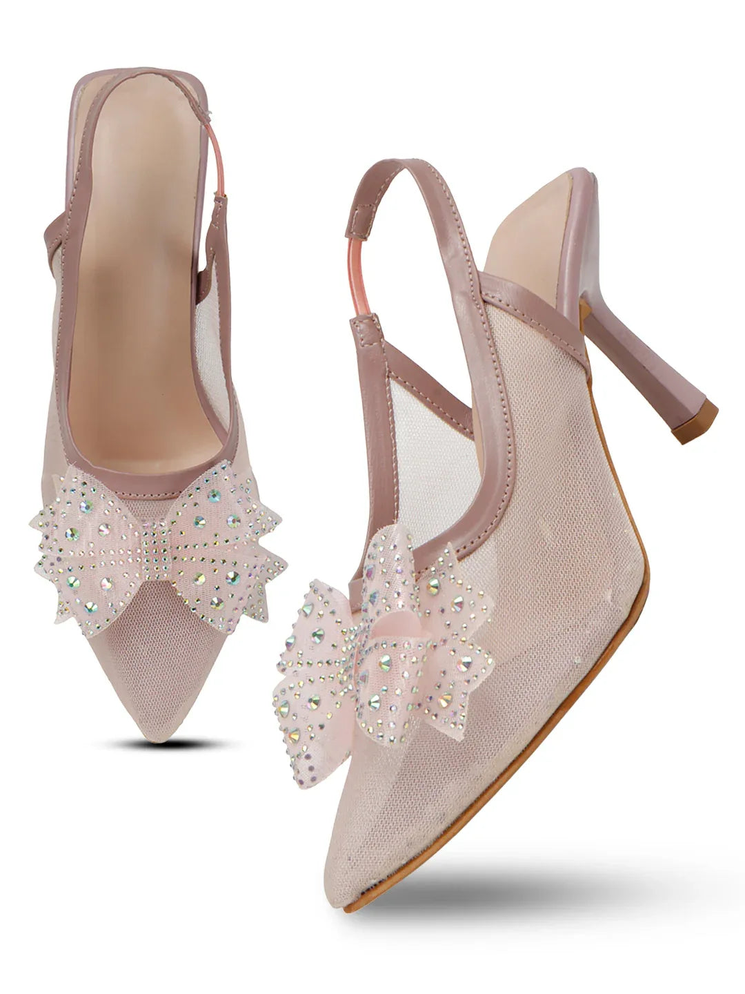 Glam Studded Bow Pointed Slingback Heels