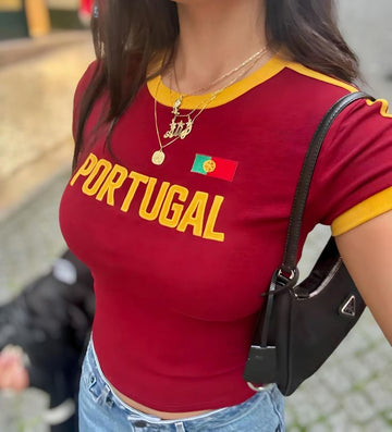 Fitted Portugal Graphic Ringer Crop Tee-Maroon