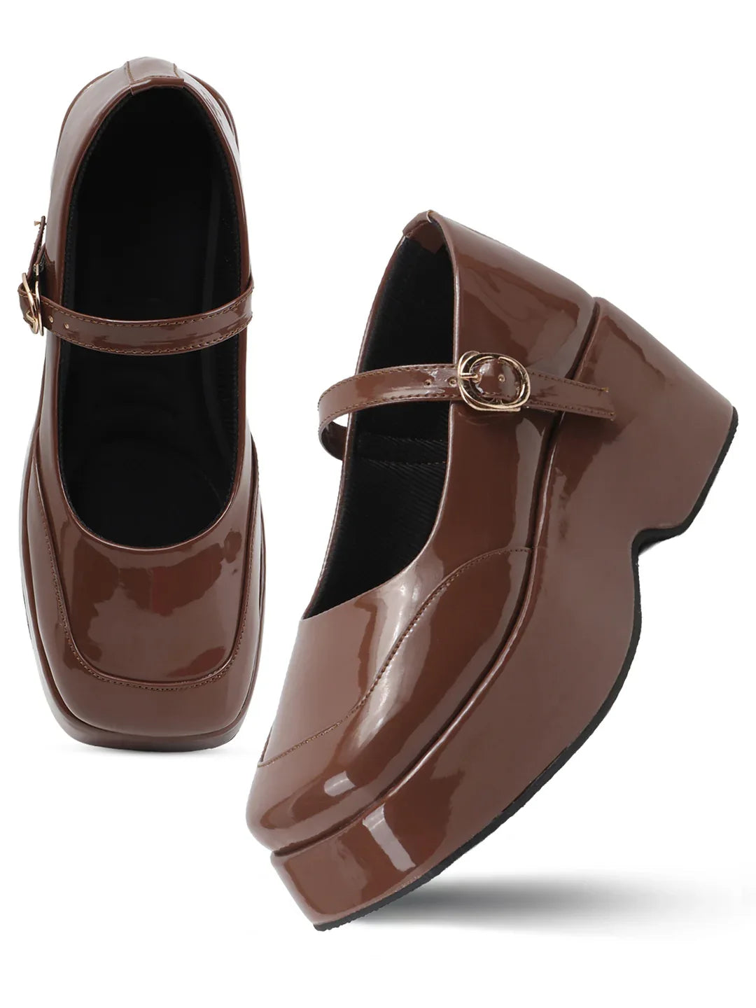 Glossy Strap Platform Heel Pumps