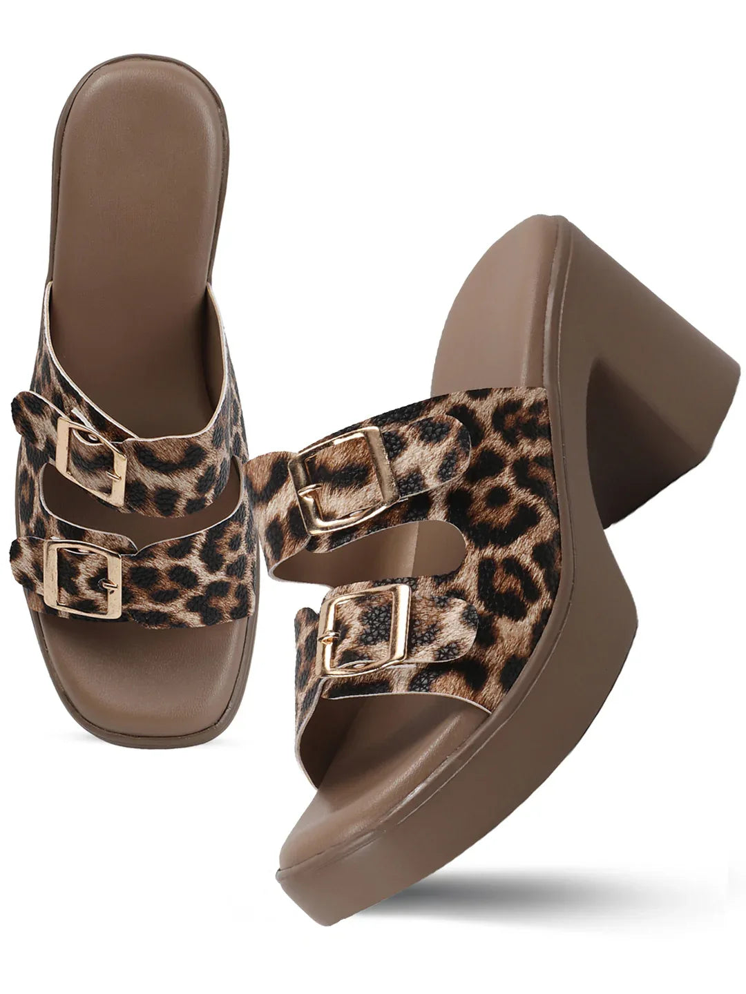 Animal Print Double Buckle Block Heel