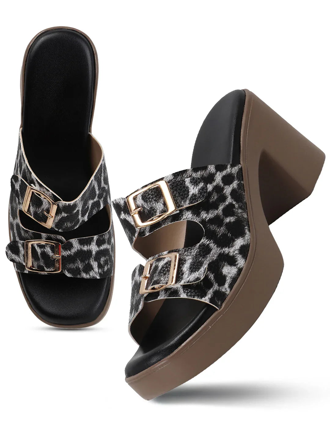 Animal Print Double Buckle Block Heel