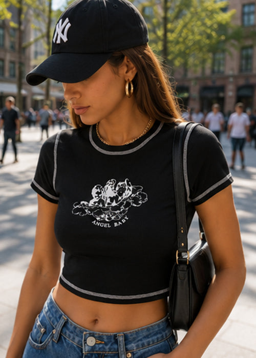 Fitted Angel Baby Graphic Printed Contrast Stitch Crop Top