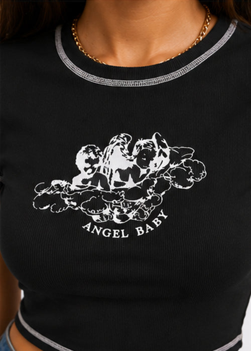Fitted Angel Baby Graphic Printed Contrast Stitch Crop Top