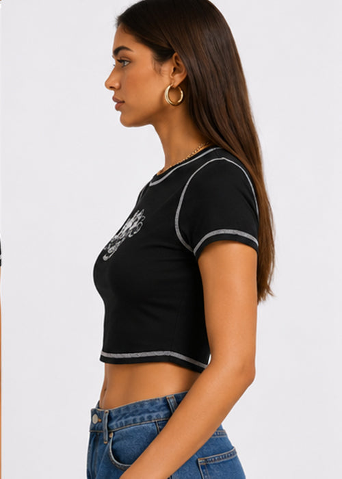 Fitted Angel Baby Graphic Printed Contrast Stitch Crop Top