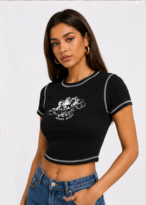Fitted Angel Baby Graphic Printed Contrast Stitch Crop Top