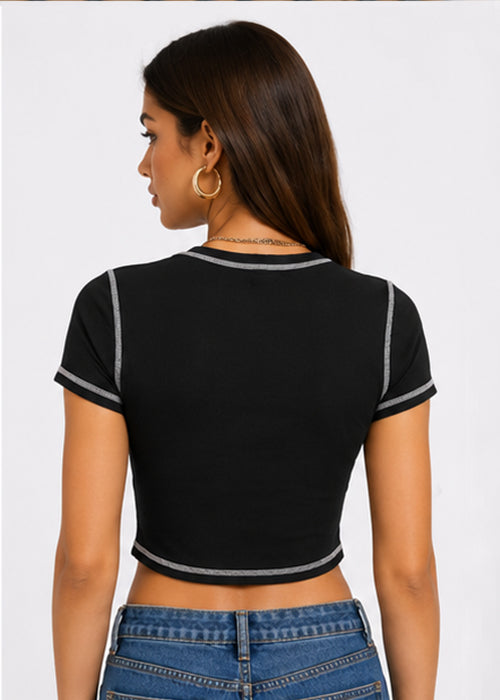 Fitted Angel Baby Graphic Printed Contrast Stitch Crop Top