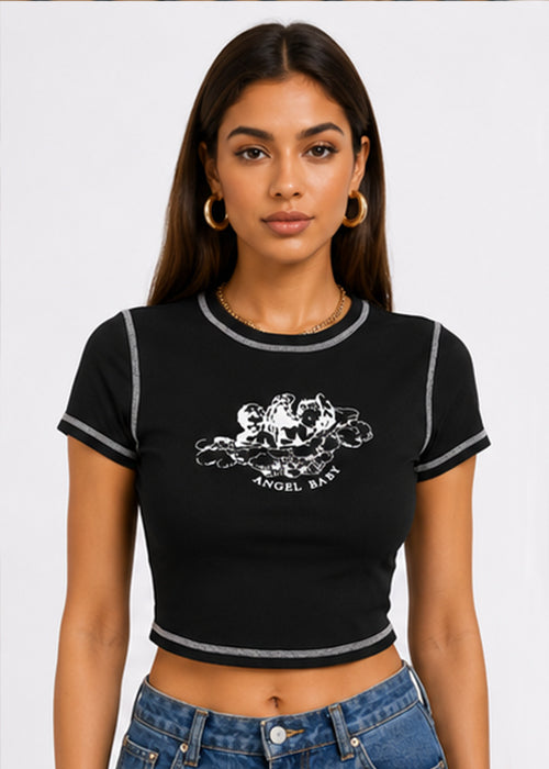 Fitted Angel Baby Graphic Printed Contrast Stitch Crop Top
