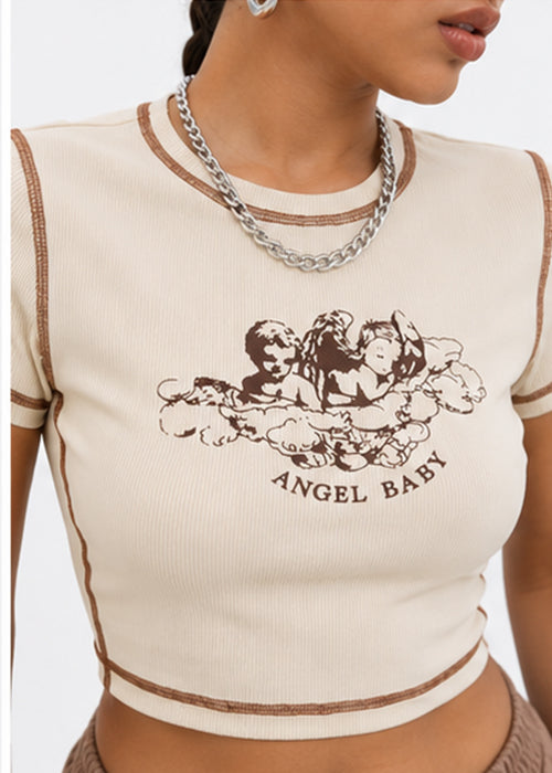 Fitted Angel Baby Graphic Printed Contrast Stitch Crop Top