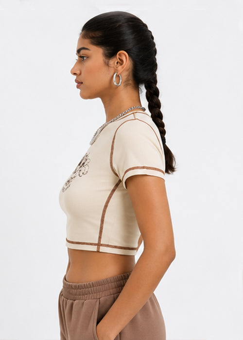 Fitted Angel Baby Graphic Printed Contrast Stitch Crop Top
