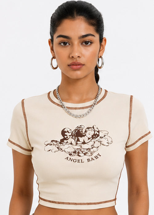 Fitted Angel Baby Graphic Printed Contrast Stitch Crop Top