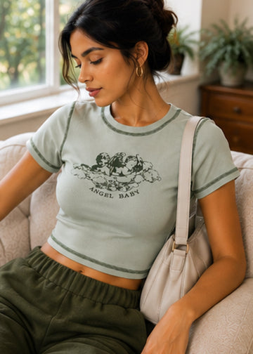 Fitted Angel Baby Graphic Printed Contrast Stitch Crop Top