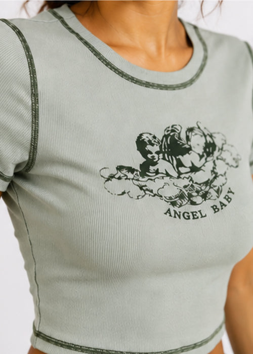 Fitted Angel Baby Graphic Printed Contrast Stitch Crop Top-Grey