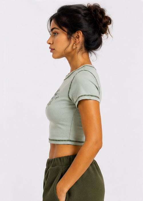 Fitted Angel Baby Graphic Printed Contrast Stitch Crop Top