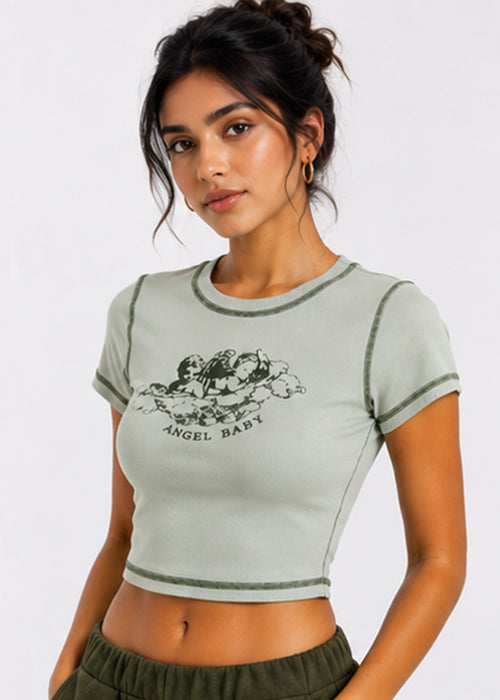 Fitted Angel Baby Graphic Printed Contrast Stitch Crop Top