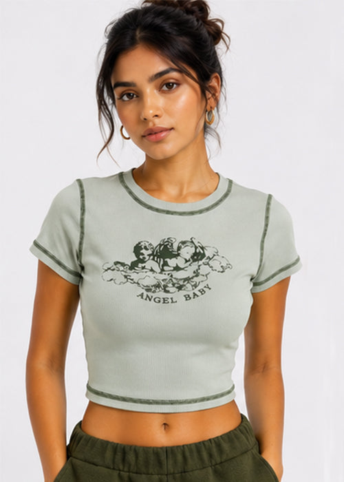 Fitted Angel Baby Graphic Printed Contrast Stitch Crop Top