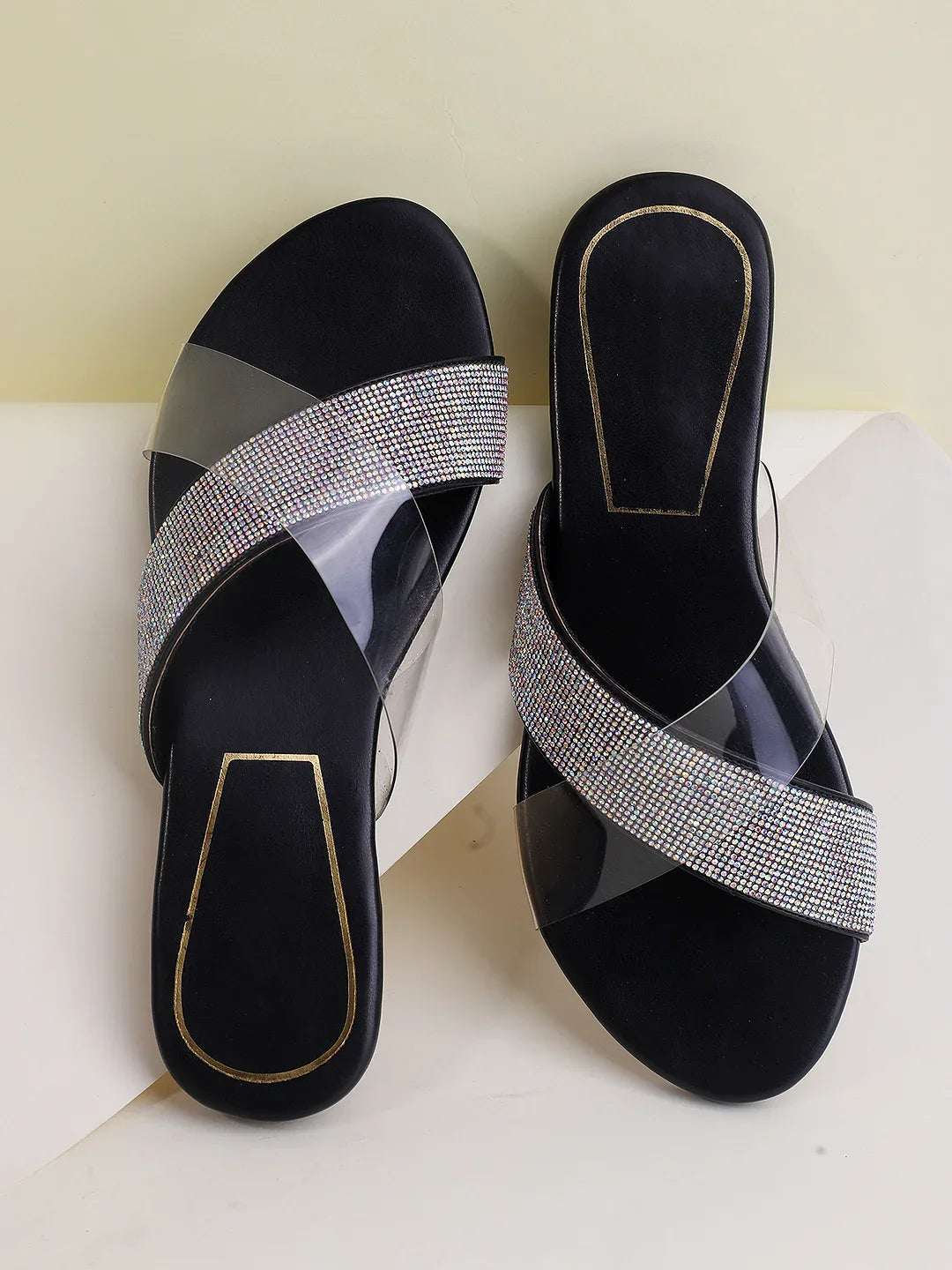 Transparent Strap Sandals Rhinestone Slip-On Flats