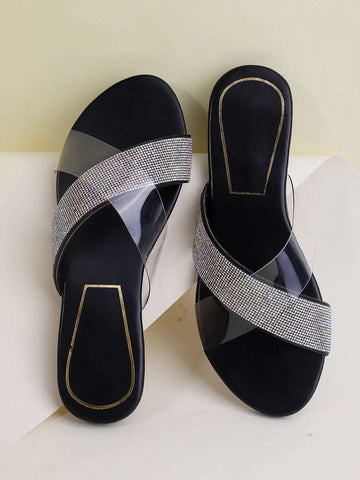 Transparent Strap Sandals Rhinestone Slip-On Flats