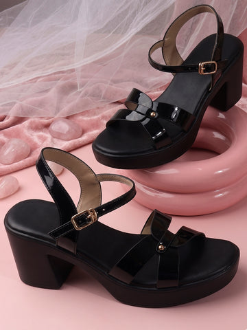 Patent Multi-Strap Ankle Strap Chunky Heels