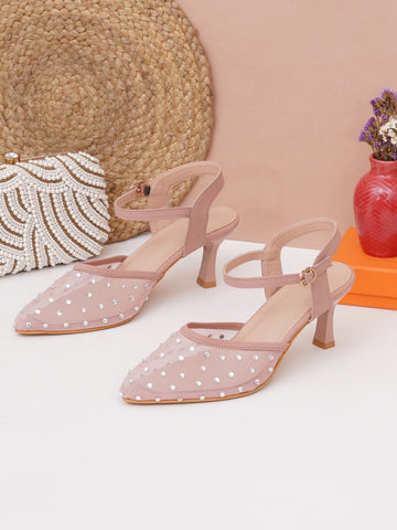 Rhinestone Mesh Pointed Toe Slingback Mules-Kitten Heel