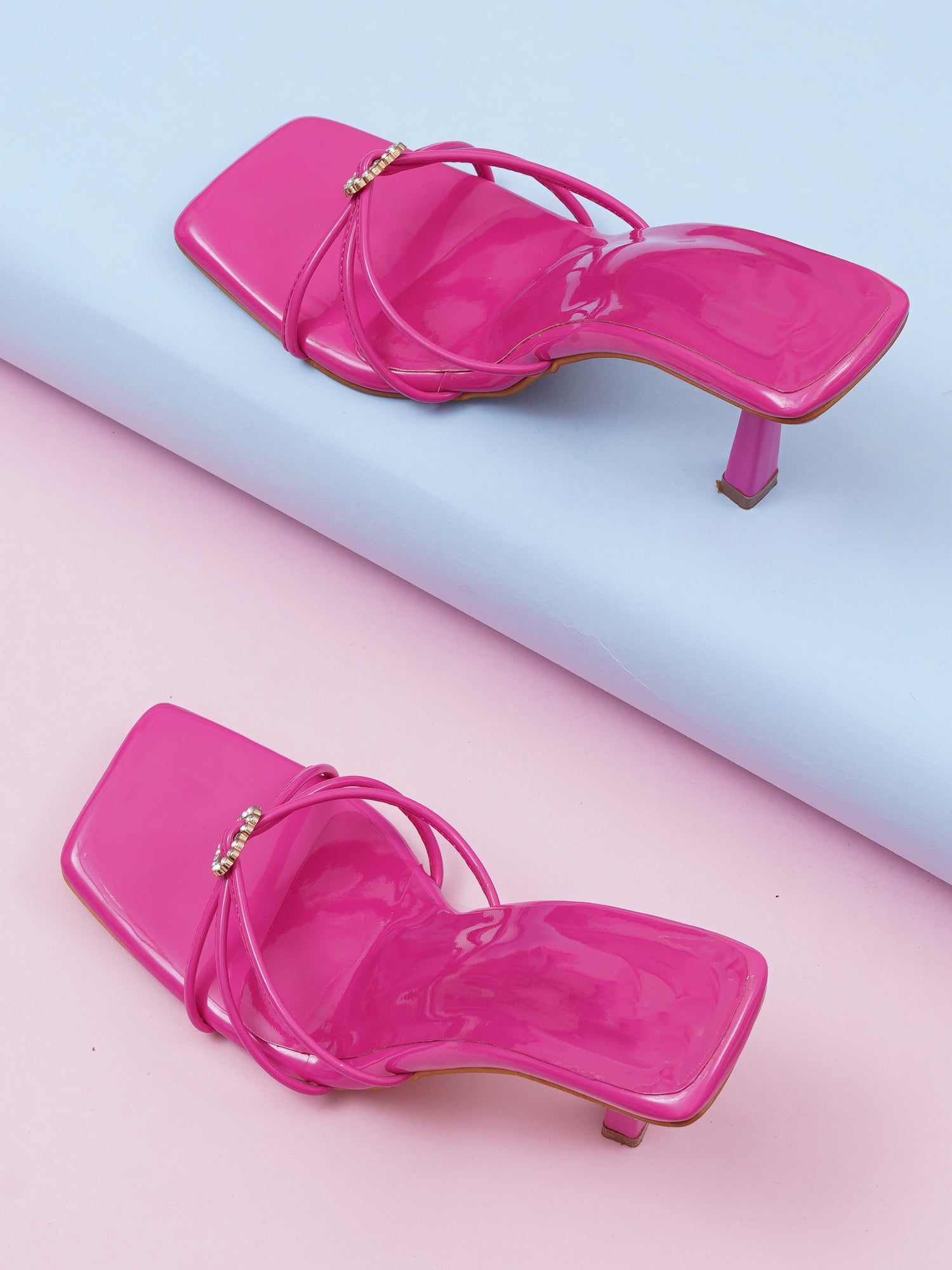 Glossy Kitten Heel Rhinestone Strap Sandals