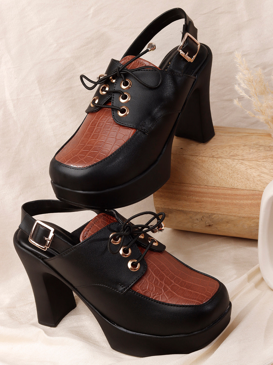 Retro Lace-Up Slingback Chunky Block Heel Pumps