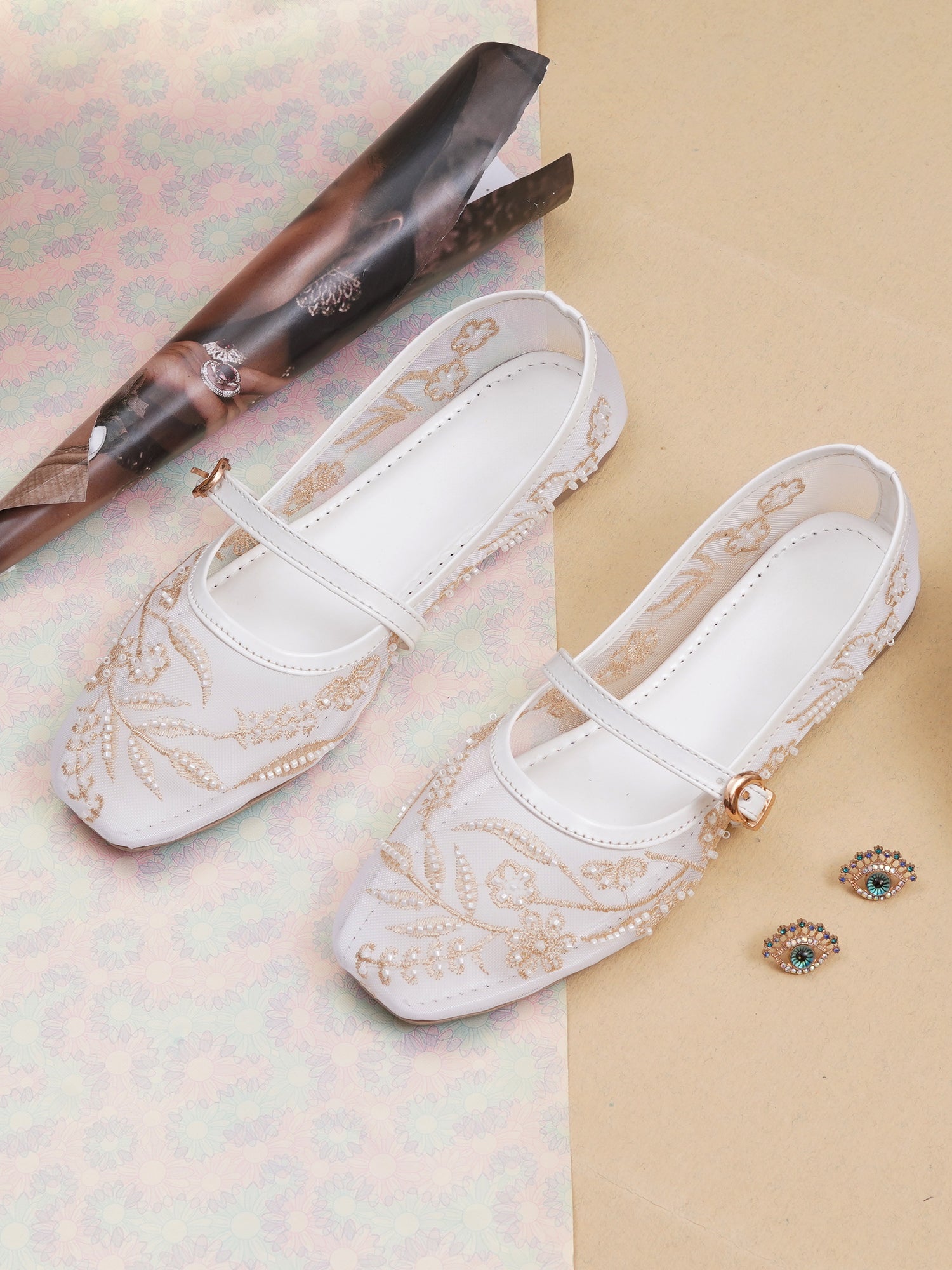 Elegant Pearl & Sequin Strap Mary Jane Style Ballerinas