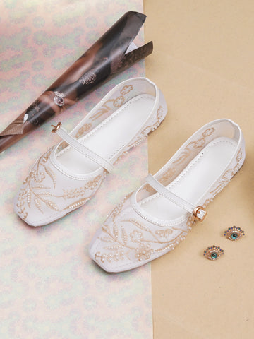 Elegant Pearl & Sequin Strap Mary Jane Style Ballerinas
