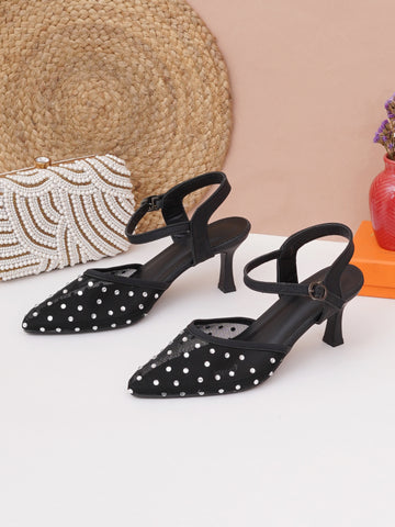 Rhinestone Mesh Pointed Toe Slingback Mules-Kitten Heel