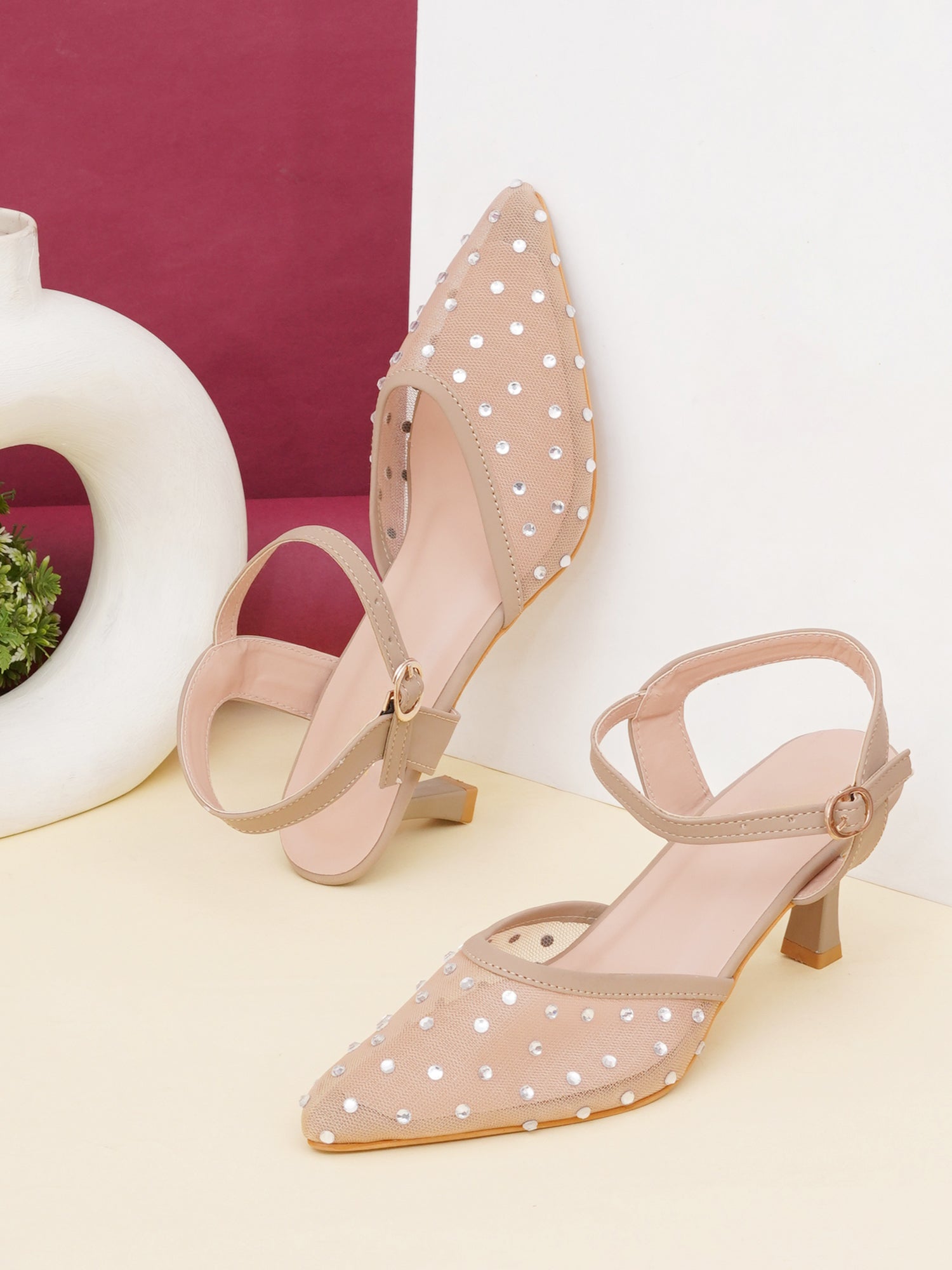 Rhinestone Mesh Pointed Toe Slingback Mules-Kitten Heel
