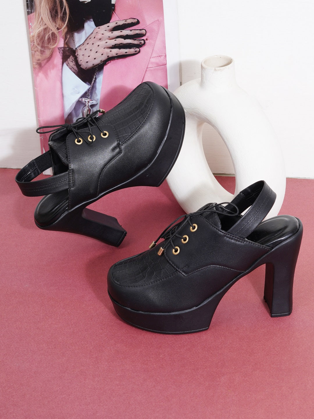 Retro Lace-Up Slingback Chunky Block Heel Pumps
