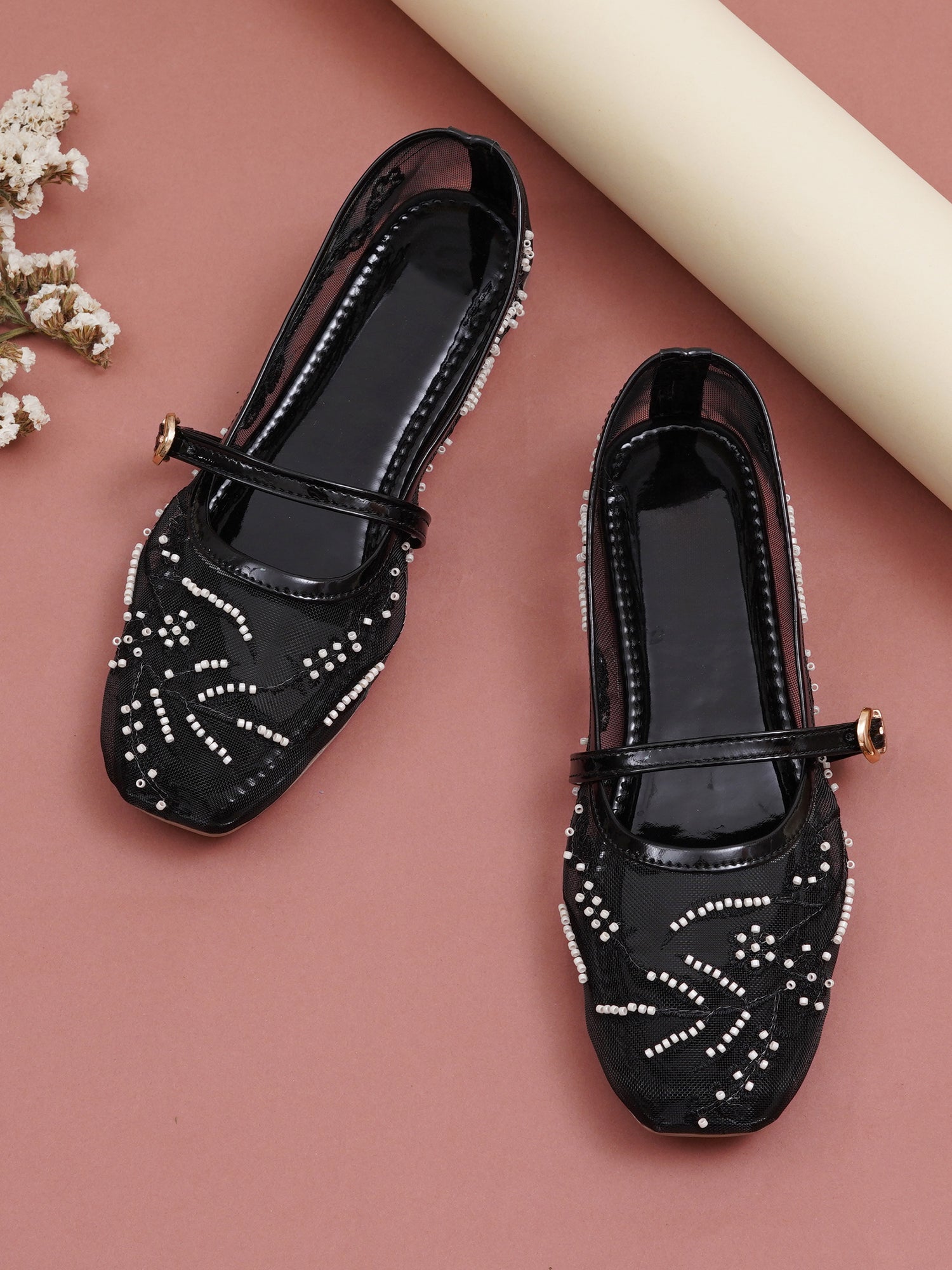 Elegant Pearl & Sequin Strap Mary Jane Style Ballerinas