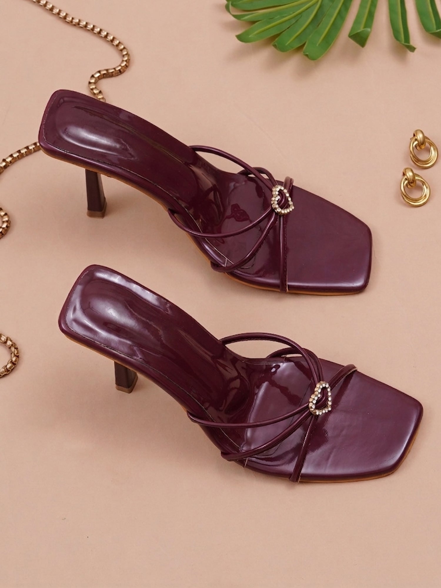 Glossy Kitten Heel Rhinestone Strap Sandals