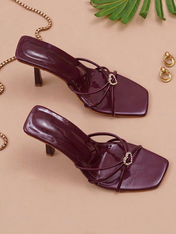 Glossy Kitten Heel Rhinestone Strap Sandals