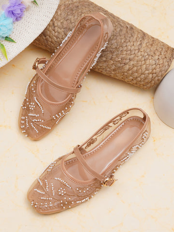Elegant Pearl & Sequin Strap Mary Jane Style Ballerinas