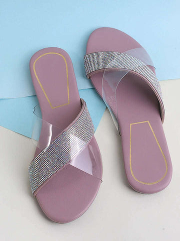 Transparent Strap Sandals Rhinestone Slip-On Flats