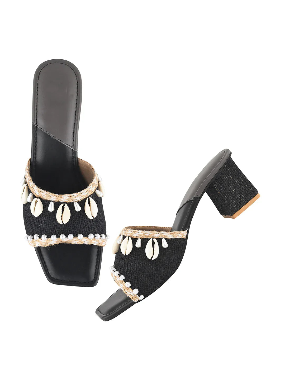 Ethnic Shell Detail Block Heels