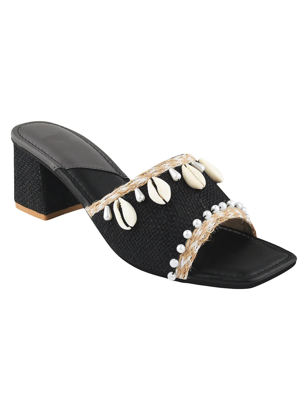 Ethnic Shell Detail Block Heels