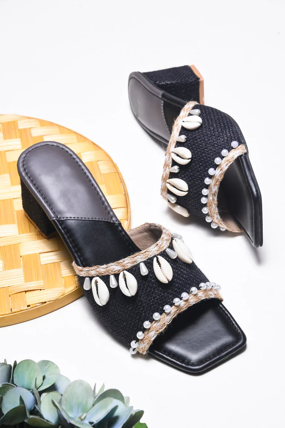 Ethnic Shell Detail Block Heels