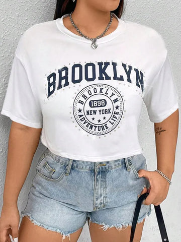 Fitted Brooklyn Graphic Printed Crop T-Shirt-White