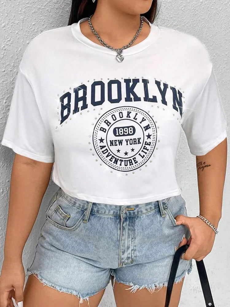 Fitted Brooklyn Graphic Printed Crop T-Shirt-White
