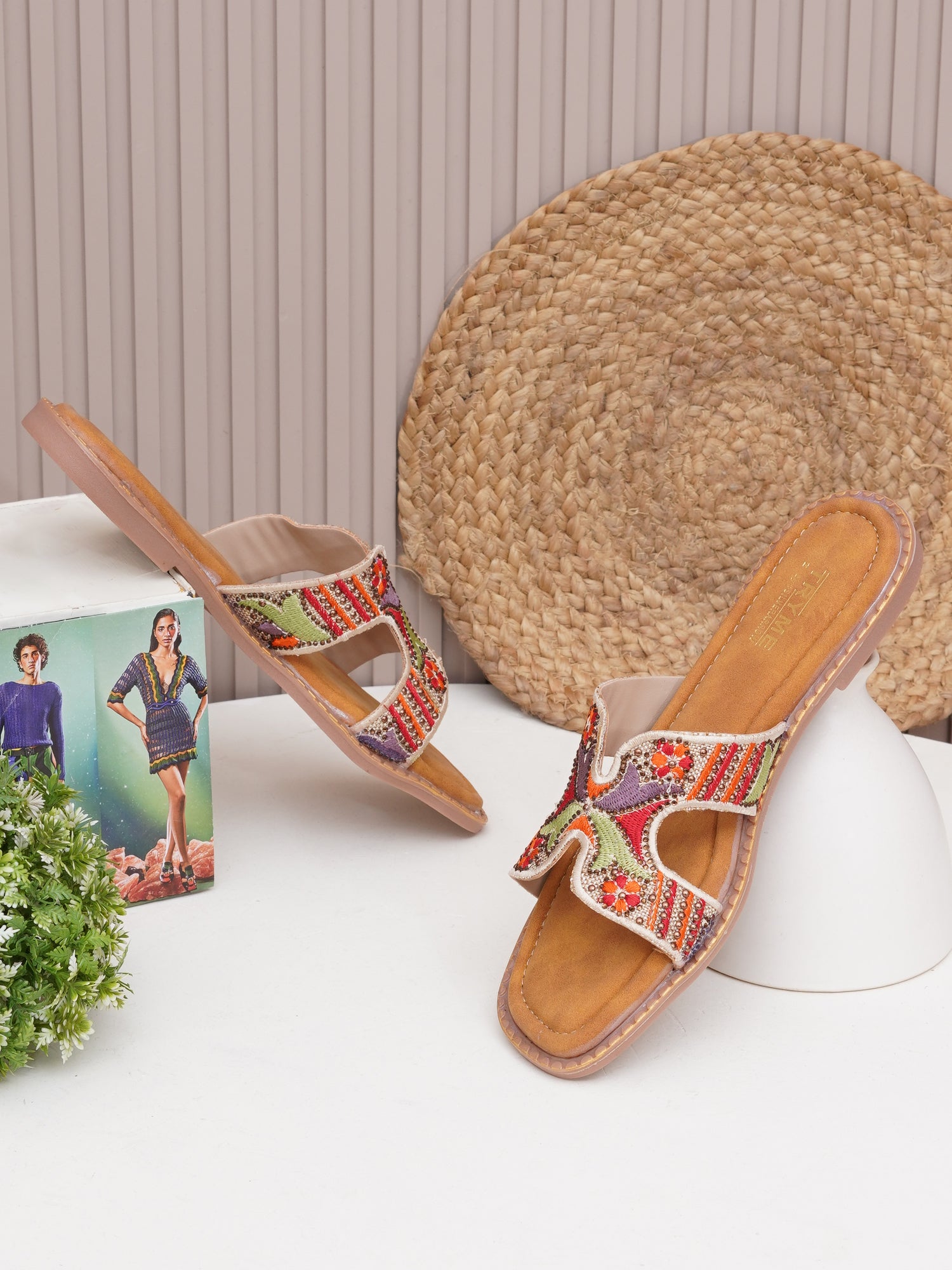 Folk Bloom thread Embroidered Flats