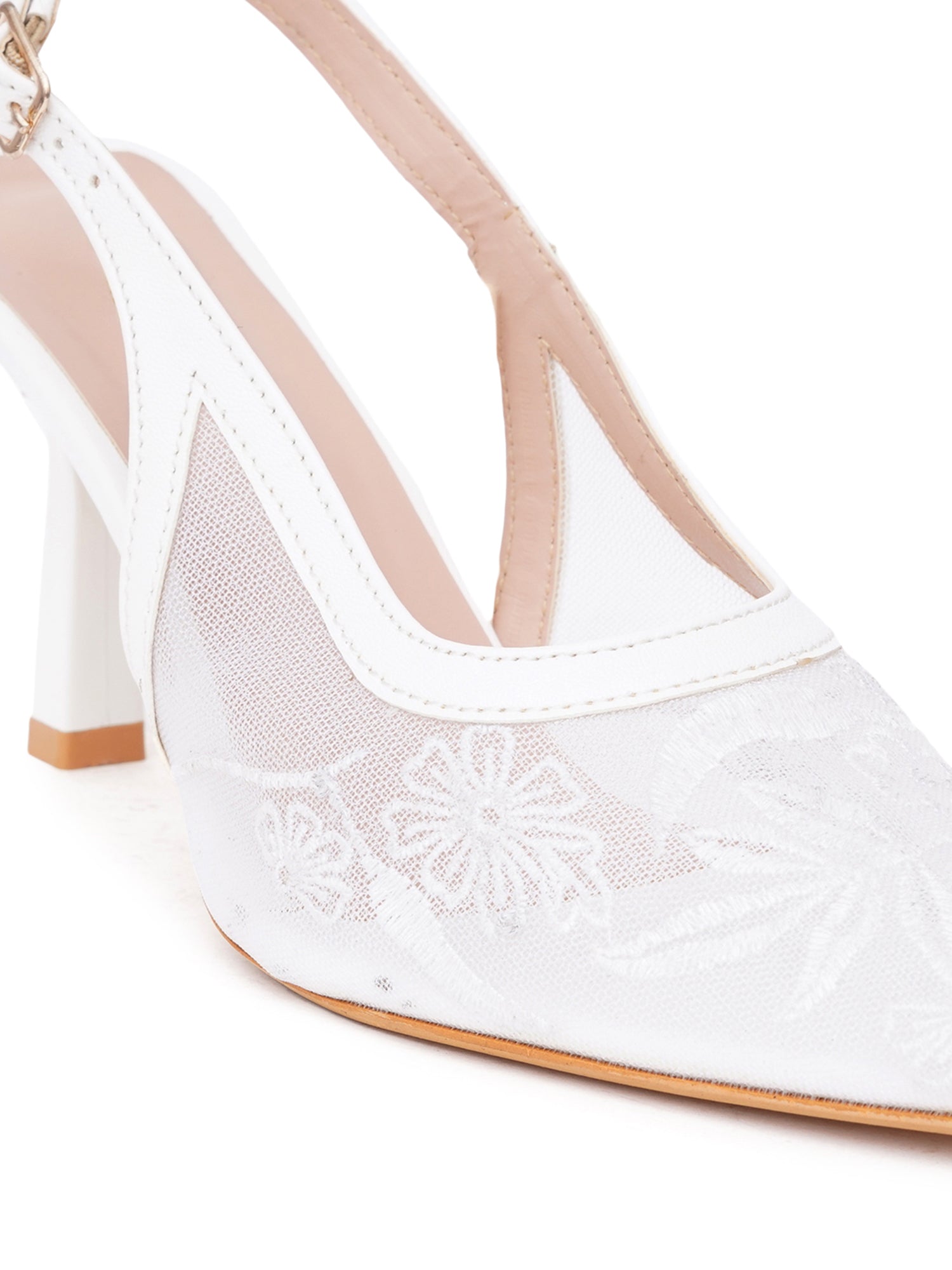 Floral Embroidered Mesh Slingback Kitten Heels